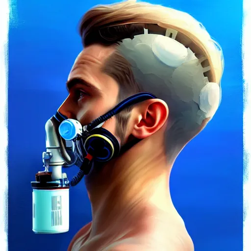 Image similar to a profile photo of a man with oxygen mask, side profile in underwater, highly detailed, digital painting, artstation, concept art, smooth, sharp focus, illustration by Sandra Chevrier