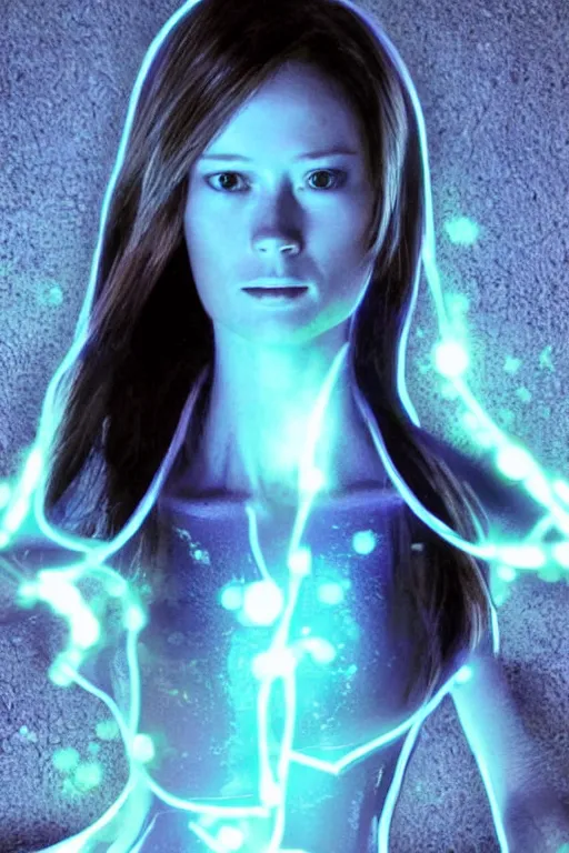 Image similar to summer glau as cortana from halo, glowing translucent digital body made of ones and zeros