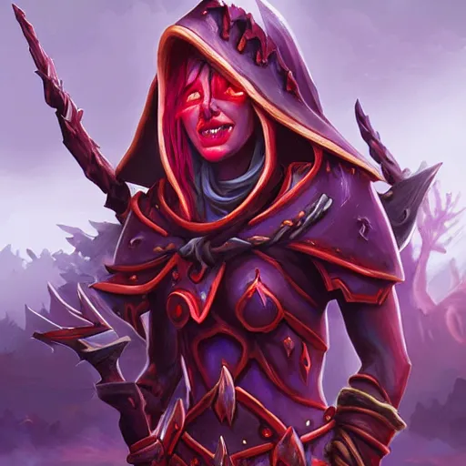 Image similar to Sylvanas with red skin, hearthstone art