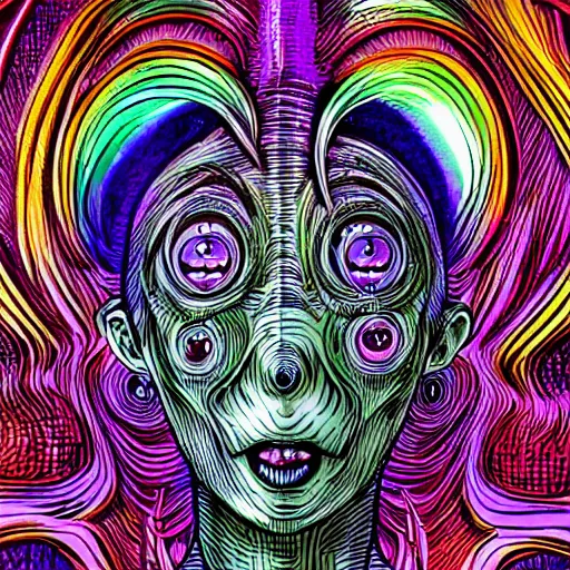 Prompt: closeup of an adorable cyber demoness, cute, eldritch woman abomination of unimaginable horror by alex grey and junji ito, speculative evolution, psychedelic illustration, op art brain