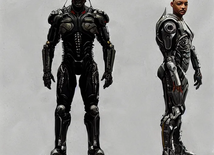 Image similar to will smith as victor stone, full body concept, cyborg, borg, strogg, face of a man, terminator, flesh, quake strogg, doom demon, wolfenstein, monstrous, powerful, symmetry, symmetrical, concept art by ruan jia and greg rutkowski