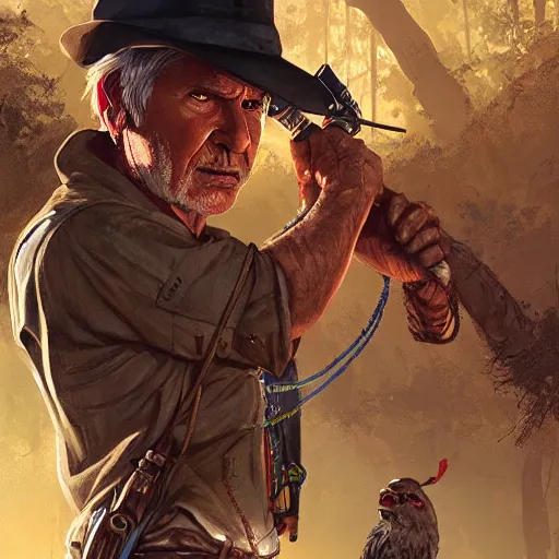 Image similar to harrison ford as indian jones, highly detailed, illustration, fantasy art, in the style of greg rutkowski, cinematic shot, epic, fantasy, intricate, hyper detailed, artstation, concept art, smooth, sharp focus, ray tracing