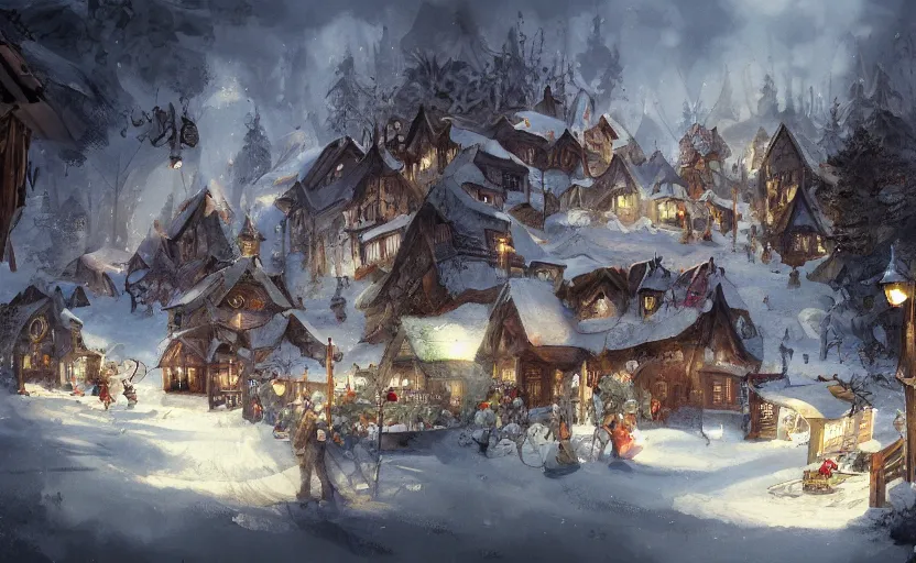 Prompt: a fabolous painting of santa claus village, morning sun, fantasy, jean-baptiste monge, dustin nguyen, trending on artstation