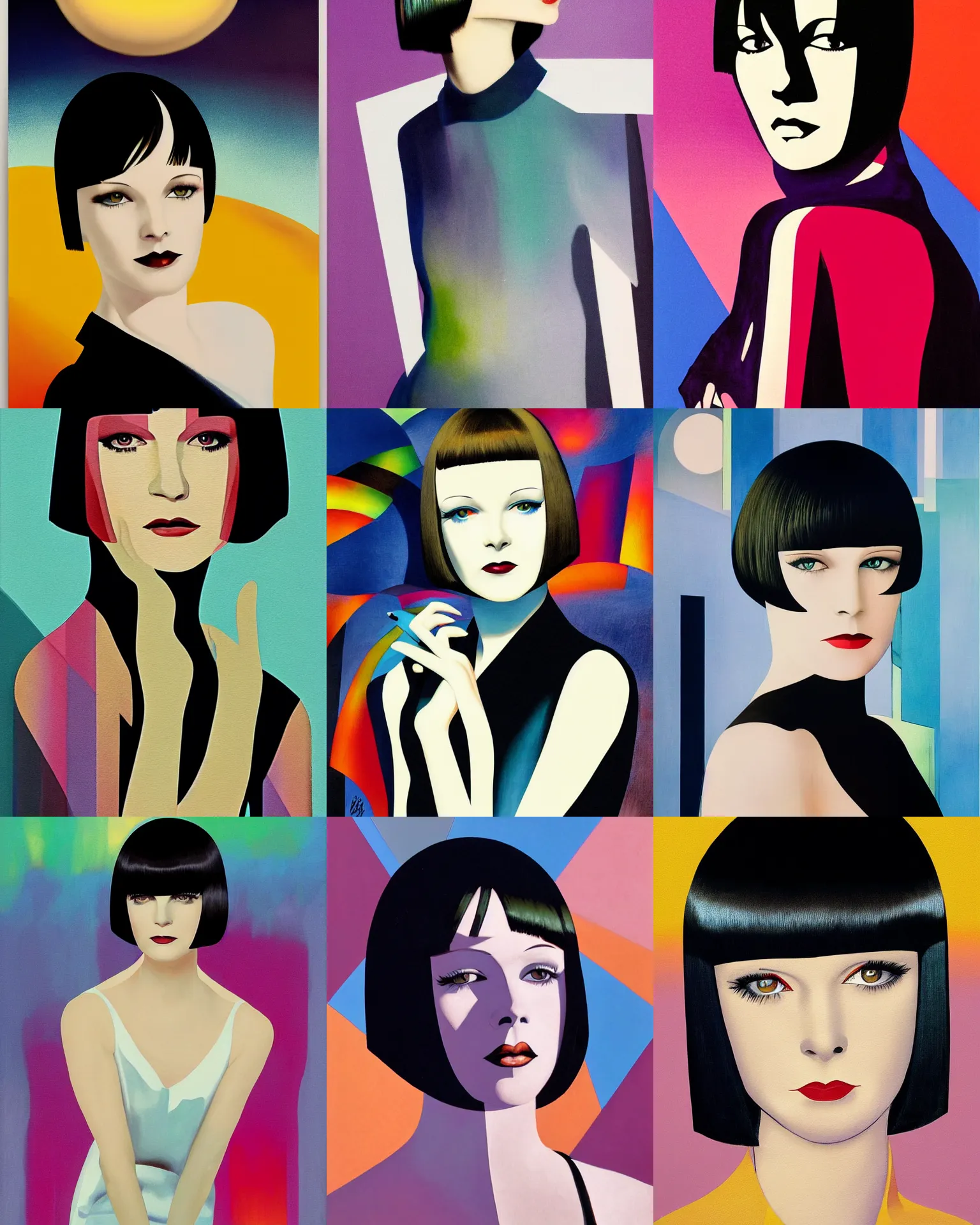 Prompt: full length portrait of mary louise brooks, shiny bob haircut, dramatic light, abstract art deco city background, sunset, 3 colour print, high contrast, sharp, painted by stanley lau,, painted by stanley artgerm,, painted by patrick nagel, painted by ross tran