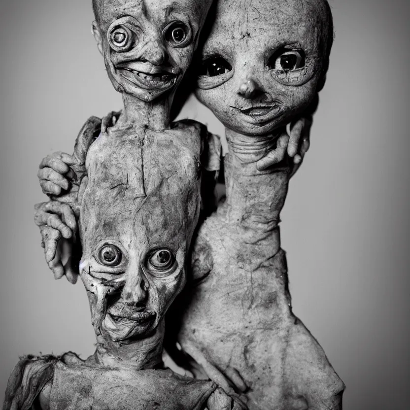 Image similar to creepy ventriloqiest dummy in the style of Roger Ballen, 4k, bw, portrait