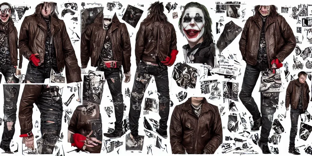 Image similar to the joker fully tattooed, wearing scratched and ripped leather jeans, wearing an aviator outfit with a smiley stamp on its back, character sheet, fine details, props, concept design, contrast, kim jung gi, greg rutkowski, trending on artstation, 8 k, full body, turnaround, front, back, ultra wide angle