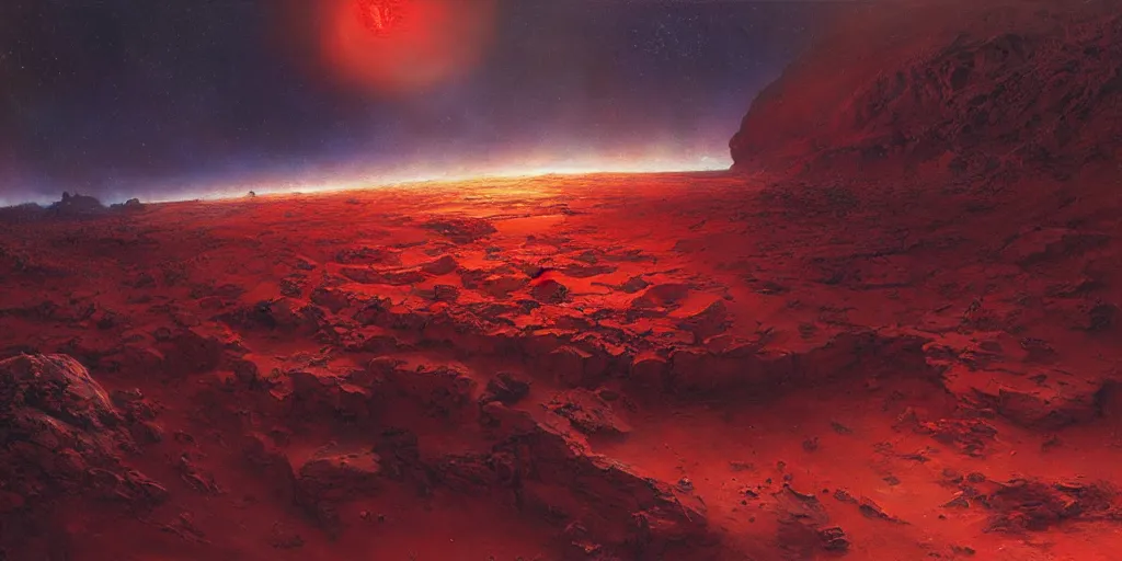 Image similar to supernova, alien surface planet, red desert mars, painted by ruan jia, raymond swanland, lawrence alma tadema, zdzislaw beksinski, norman rockwell, jack kirby, tom lovell, alex malveda, greg staples