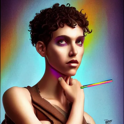 Image similar to Lofi cyberpunk portrait beautiful woman with short brown curly hair, roman face, rainbow, Pixar style, Tristan Eaton, Stanley Artgerm, Tom Bagshaw