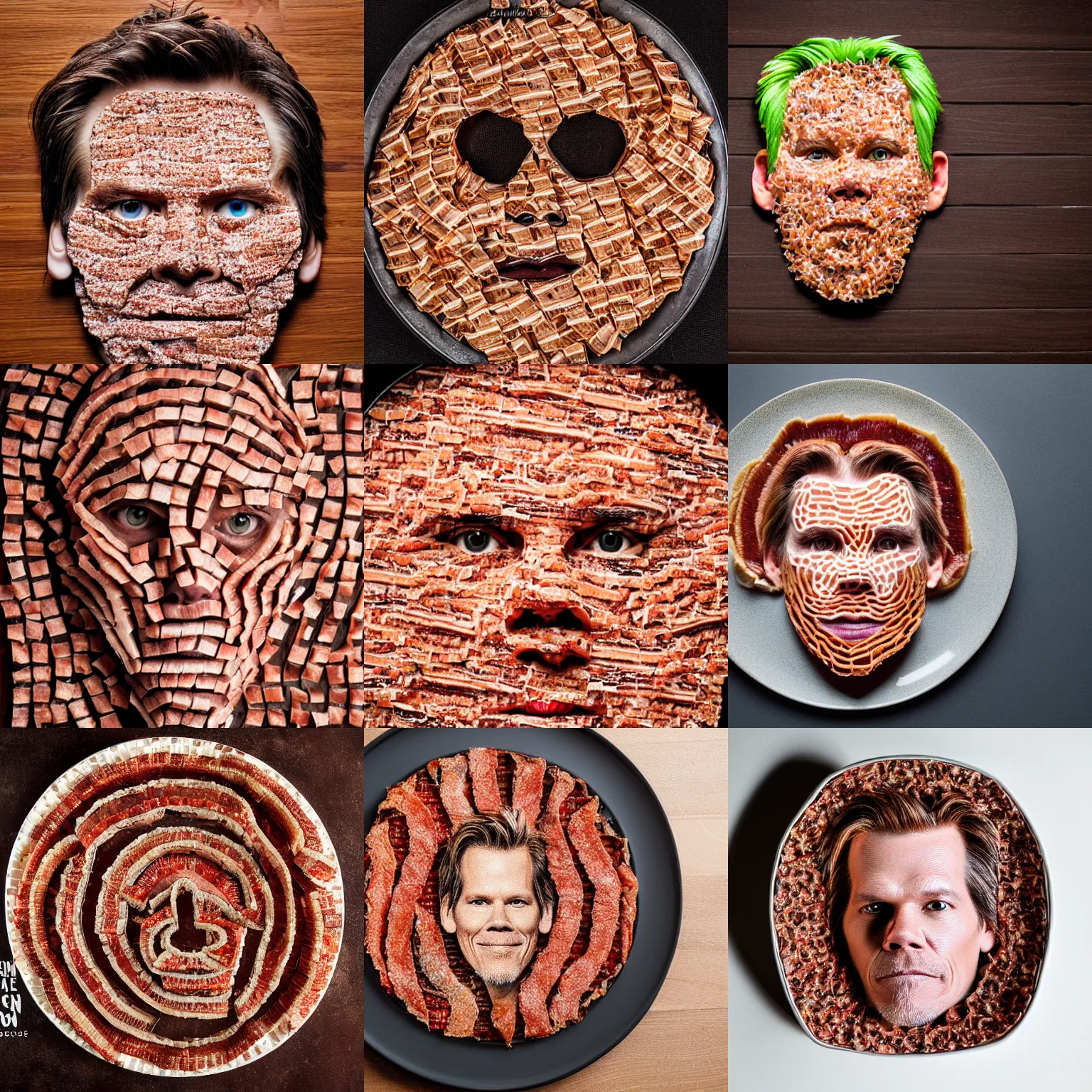 Prompt: kevin bacon's face made of bacon slices, dish, top view, sigma 8 5 mm