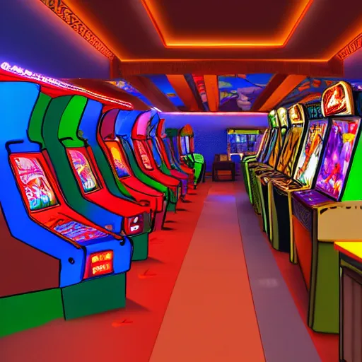 Image similar to cinematic shot arcade in an 8 0 s style, hyper realistic, mood lighting, highly detailed, super realistic, perfect lighting