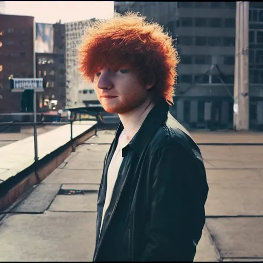 Image similar to ed sheeran as spike spiegel from cowboy bebop, cinematic, 4 k, realistic, wide angle lens. 8 k, hyperdetailed, precise, low - lighting