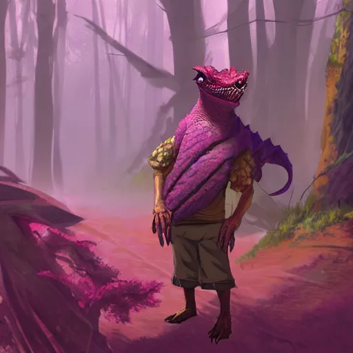 Image similar to concept art painting of an anthropomorphic bearded dragon anthro wearing magenta wizard robes, in the deep forest, realistic, detailed, cel shaded, in the style of makoto shinkai and greg rutkowski and james gurney