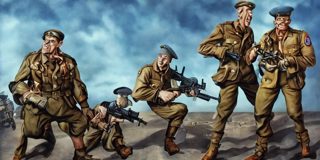 Image similar to small soldiers wwII, surrealism aesthetic, detailed facial expressions