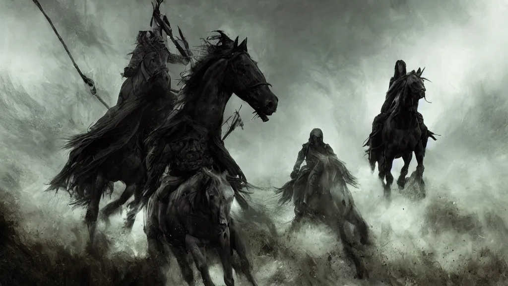 Prompt: dark riders on horse, forest, Nazgûl, lord of the rings digital art by Ruan Jia, Rudolf Béres, James Zapata, Jamey Jones
