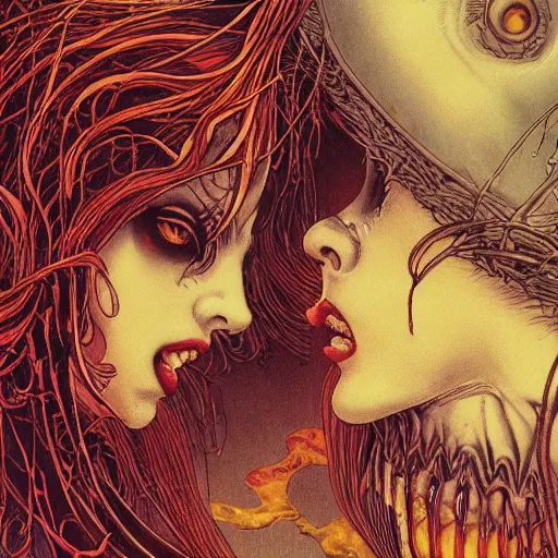 Image similar to closeup of vampire kiss, melting, by yoichi hatakenaka, masamune shirow, josan gonzales and dan mumford, ayami kojima, takato yamamoto, karol bak