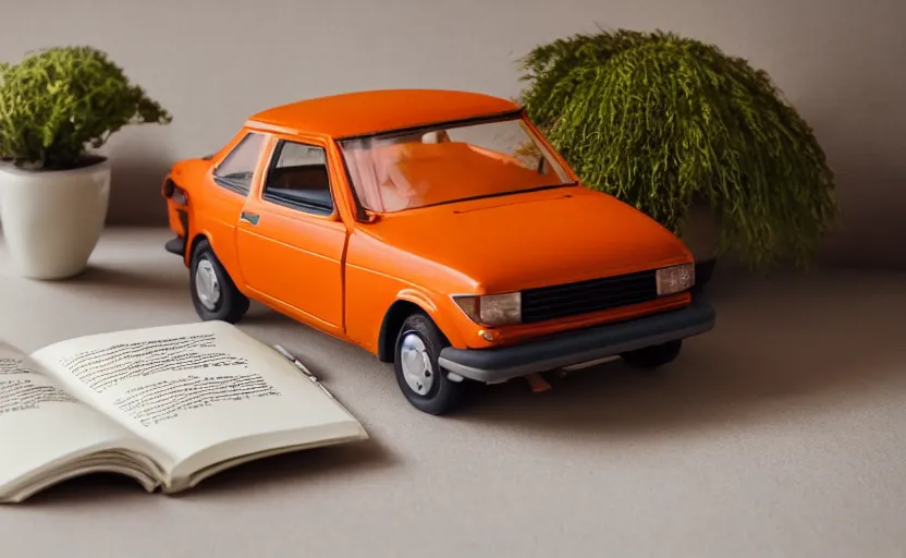 Image similar to a small miniature of a orange Toyota Corolla KE20 on a white table near a book and a vase with a plant, hyperrealistic, concept art, octane render, unreal engine 5, path tracing, complementary colors, calm, relaxing, serene, product photo, centered, symmetrical