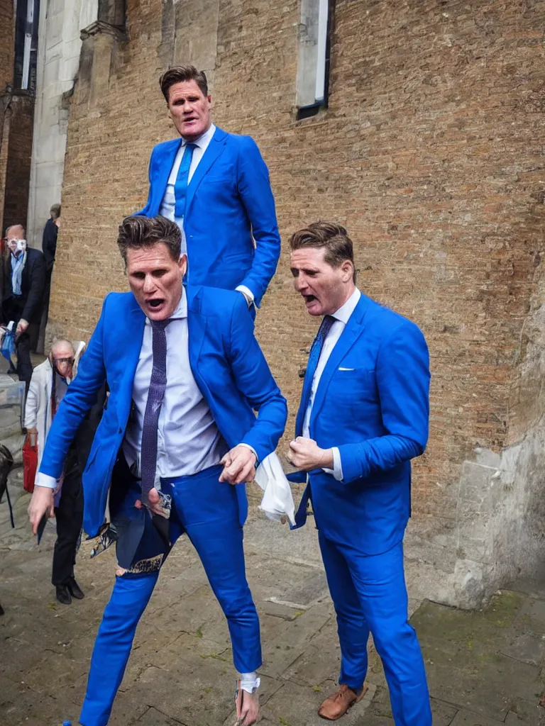 Prompt: Sir Kier Starmer wearing a blue suit and crying as his balloon has burst detailed colour photograph