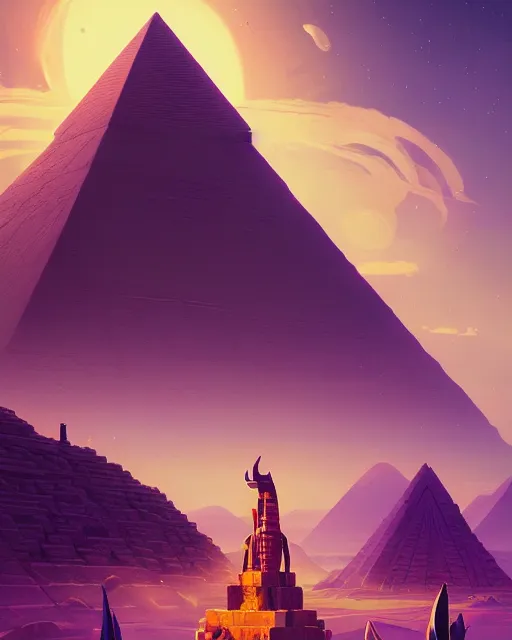 Image similar to highly detailed vfx portrait of anubis with pyramid behind them, sky galaxy purple, unreal engine, greg rutkowski, loish, rhads, beeple, makoto shinkai and lois van baarle, ilya kuvshinov, rossdraws, tom bagshaw, alphonse mucha, global illumination, detailed and intricate environment