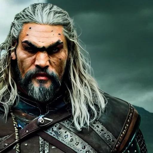 Image similar to Jason Momoa as Geralt of Rivia, from Witcher (2021), medium shot, high-quality photo,