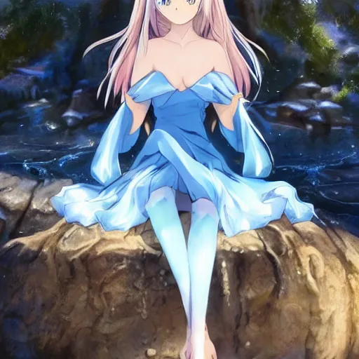 Image similar to a very beautiful anime girl wearing a dress made of water sitting on the edge of a azure blue crystal riverbed , full body, long white hair with azure blue highlights blending into the dress , azure blue watery eyes, full round face, seductive over the shoulder glances , lens flare, cinematic lighting, medium shot, mid-shot, highly realistically detailed, trending on artstation, Unreal Engine 4k, Stanley Artgerm Lau, WLOP, Rossdraws, James Jean, Andrei Riabovitchev, Marc Simonetti, and Sakimichan