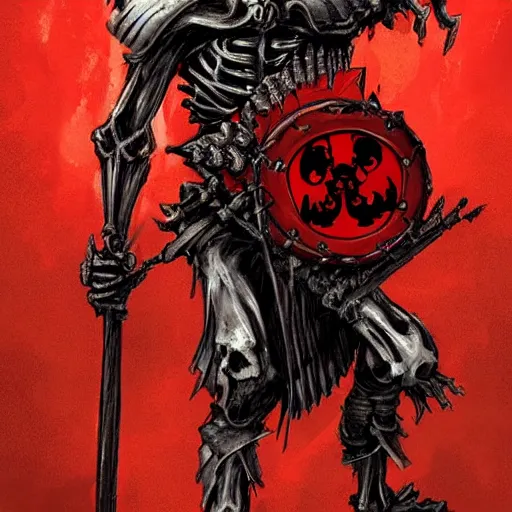 Image similar to concept art of skeleton holding a medieval shield and spear, d & d surrounded by red evil death tentacles, hyper detailed, hyper realistic, dark atmosphere, full body, full frame in the style of frank frazetta