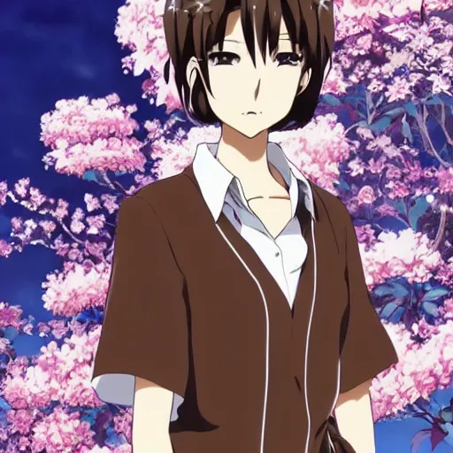 Image similar to Detailed anime key visual of a beautiful Japanese woman with short brown hair, shoulder-length; wearing a white shirt with a floral pattern; Official media