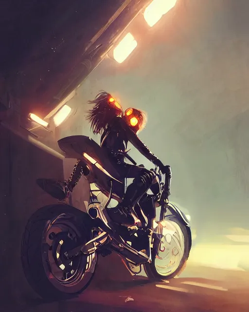 Prompt: girl wearing cyberpunk intricate catsuit riding dirt bike, respirator, detailed portrait, cell shaded, 4 k, concept art, by wlop, ilya kuvshinov, artgerm, krenz cushart, greg rutkowski, pixiv. cinematic dramatic atmosphere, sharp focus, volumetric lighting, cinematic lighting, studio quality