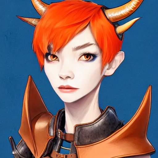 Image similar to illustrated realistic tilted head portrait female prong-horned kobold with blue bob hair and solid dark eyes wearing strap leather armor, orange glow, backlit by rossdraws