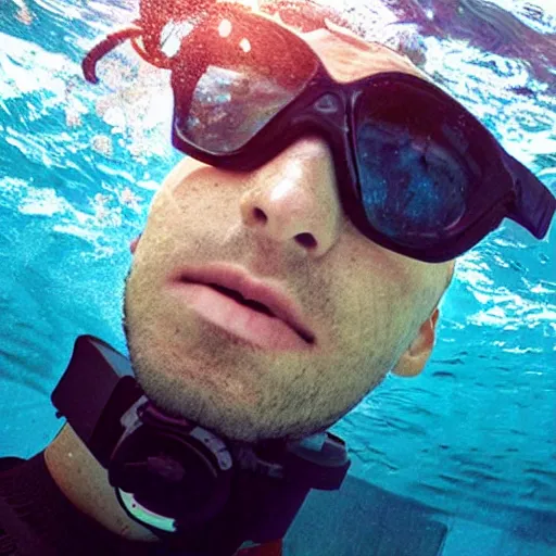 Prompt: underwater selfie from a brown haired male lifeguard. Kuvshinov ilya. Richard Brooks