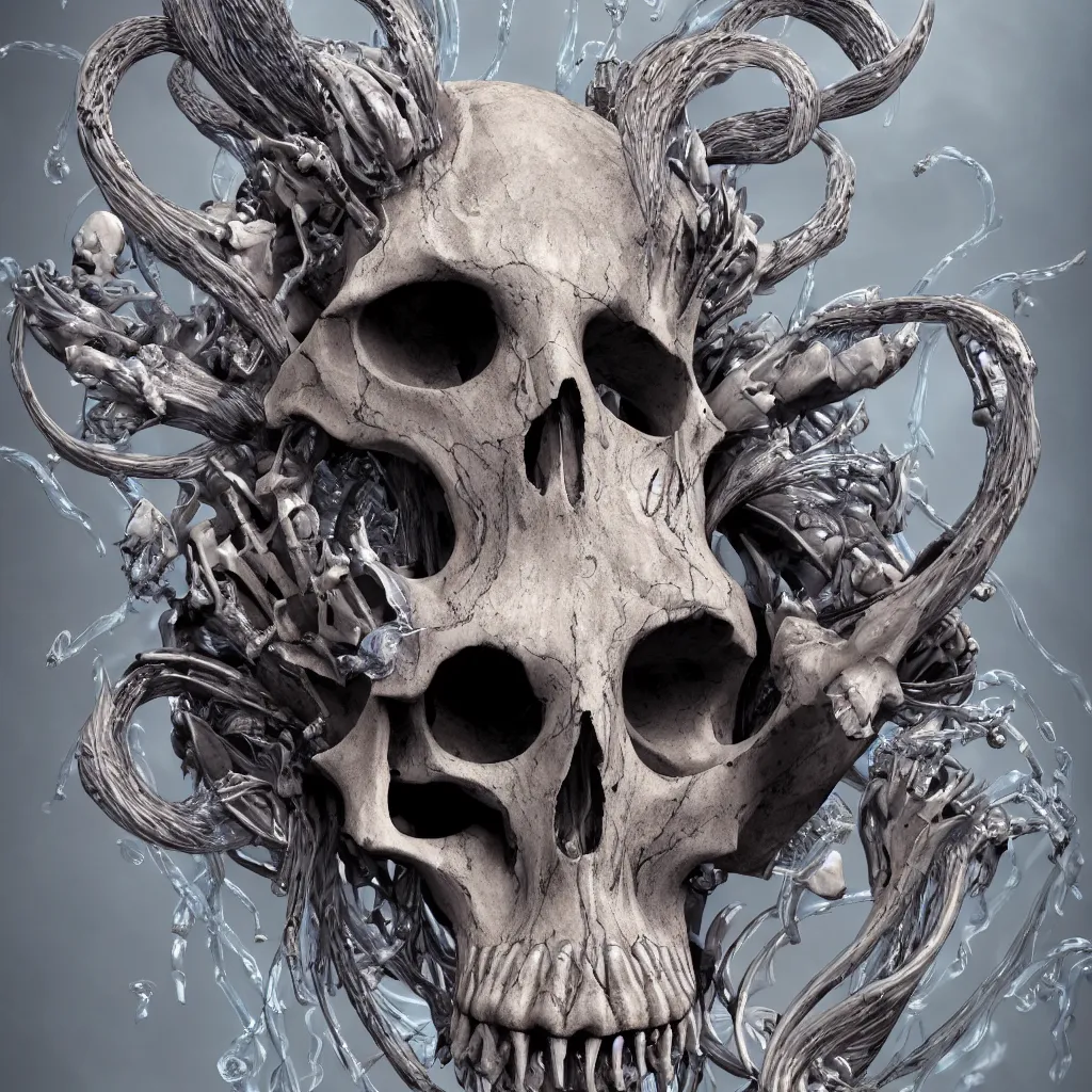 Image similar to close-up macro portrait of the face of a beautiful princess with animal skull mask, epic angle and pose, ribcage bones symmetrical artwork, 3d with depth of field, blurred background, cybernetic jellyfish female face skull phoenix bird, translucent, nautilus, energy flows of water and fire. a highly detailed epic cinematic concept art CG render. made in Maya, Blender and Photoshop, octane render, excellent composition, cinematic dystopian brutalist atmosphere, dynamic dramatic cinematic lighting, aesthetic, very inspirational, arthouse. y Greg Rutkowski, Ilya Kuvshinov, WLOP, Stanley Artgerm Lau, Ruan Jia and Fenghua Zhong