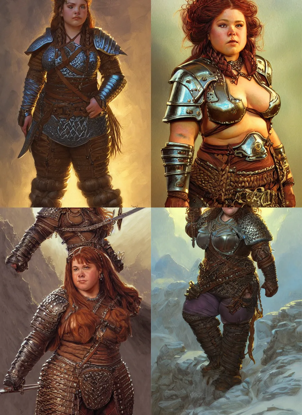 Prompt: illustration, chubby female dwarf adventurer wearing leather armor, elaborate braided hair, short robust woman, style by donato giancola, wayne reynolds, jeff easley dramatic light, high detail, cinematic lighting, centered, artstation, dungeons and dragons, dungeon,