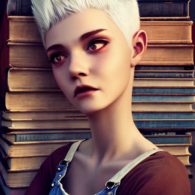 Image similar to full body pose, beautiful adult book fairy, pixar, short white hair shaved sides, dirty, grungy, grunge, long sleeve, painted overalls, stacks of giant books, highly detailed, 4 k, hdr, smooth, sharp focus, high resolution, award - winning photo, artgerm, photorealistic