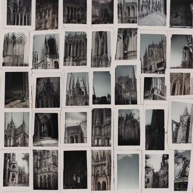 Prompt: collage of polaroid photographs of gothic buildings