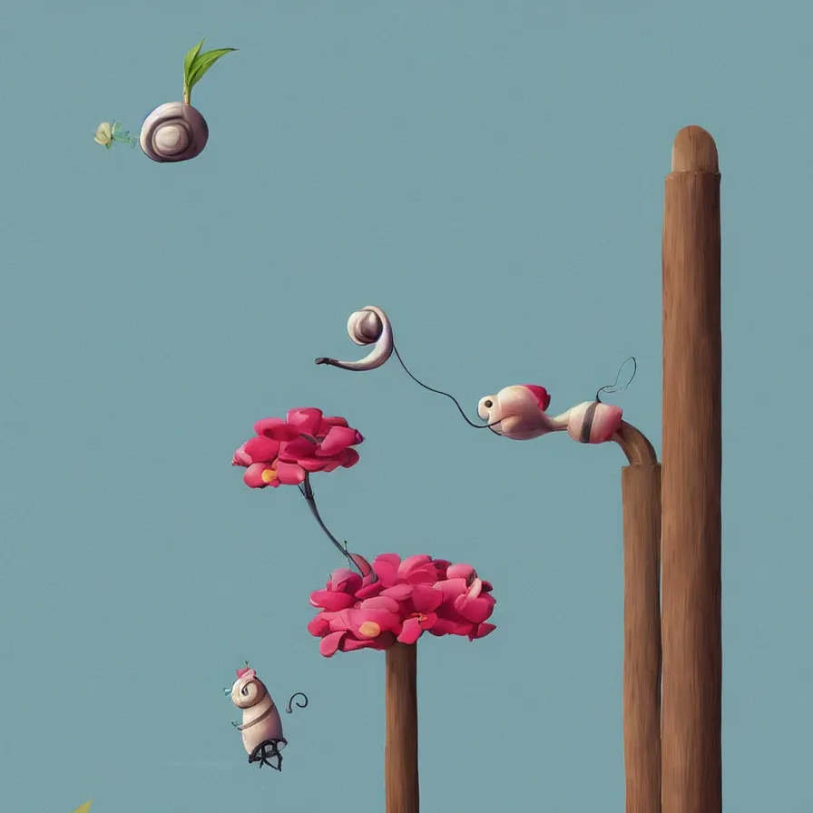 Image similar to Side view of a snail climbing up the pole of the tallest flower in the field, art by Goro Fujita, ilustration, concept art, sharp focus, ArtStation and deviantart