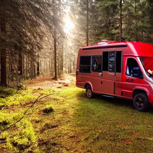 Image similar to a silver metallic camper in a forest clearing, with a red pillar of light in the background of the image