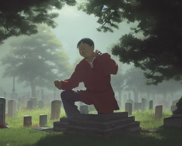 Image similar to a 50 year old brunnete chinese man kneeling over a grave in a cemetery, horror scene, dramatic, anime art, Greg Rutkowski, studio ghibli, dramatic lighting