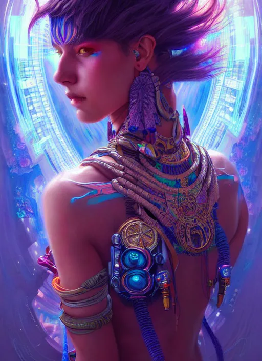 Image similar to hyper detailed ultra sharp of a beautiful shaman trance girl. trending on artstation, cyberpunk aesthetic, psywave, colorful, psychedelic, ornate, intricate, digital painting, concept art, smooth, sharp focus, illustration, art by artgerm and greg rutkowski and alphonse mucha, 8 k