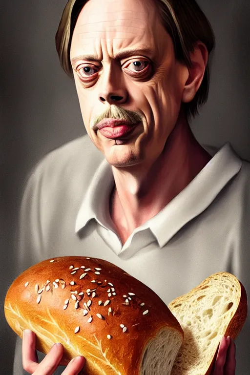 Image similar to beautiful portrait half steve buscemi wearing sourdough bread, by greg rutkowski