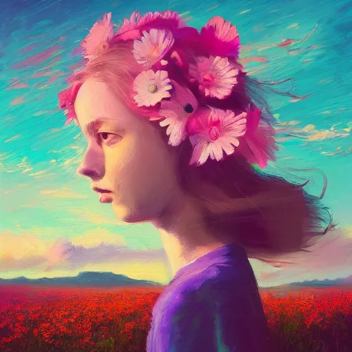 Image similar to girl with a flower face, surreal portrait, bizzare, dreamlike, standing in flower field, in a valley, sunrise dramatic light, impressionist painting, colorful clouds, artstation, simon stalenhag