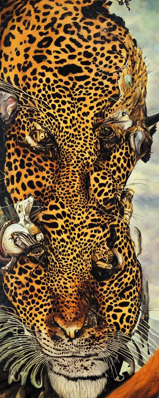 Image similar to an intricated and detailed painting of a shaman turning into a jaguar by salvador dali 4 k render