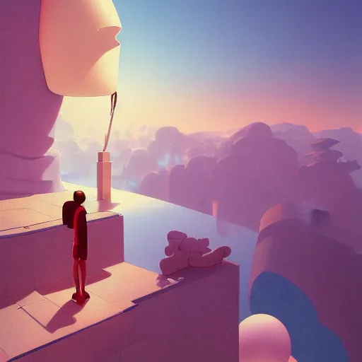 Image similar to !dream Goro Fujita, minimalistic, hyperrealistic surrealism, award winning masterpiece with incredible details, epic stunning, infinity pool, a surreal vaporwave liminal space, highly detailed, trending on ArtStation, artgerm and greg rutkowski and alphonse mucha, daily deviation, IAMAG, broken giant marble head statue ruins, golden hour