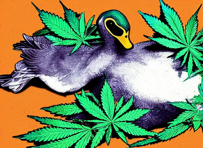 Image similar to !dream duck, marijuana leaves, duck surrounded by weed leaves