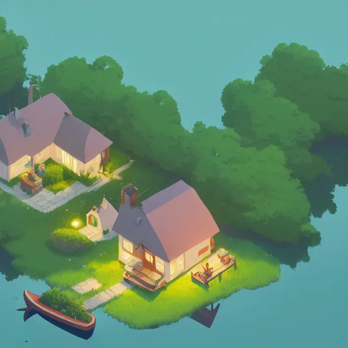 Image similar to isometric view of a lovely cottage standing in the middle of a lake, plain background, cory loftis, james gilleard, atey ghailan, makoto shinkai, goro fujita, studio ghibli, exquisite lighting, clear focus, very coherent, soft painting