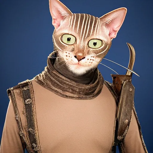 Prompt: medieval fantasy head and shoulders portrait photo of a swashbuckling anthropomorphic hairless cat, photo by philip - daniel ducasse and yasuhiro wakabayashi and jody rogac and roger deakins