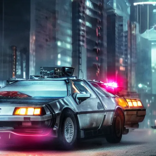 Image similar to a cyberpunk delorean breaking the space - time continuum, energy and time particles, dramatic framing, movie footage, 8 k