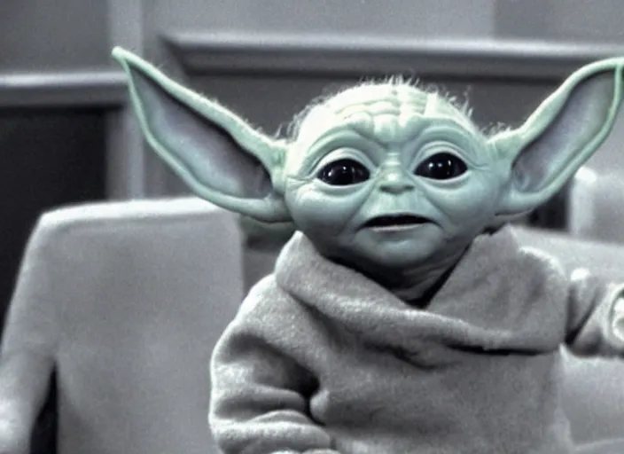 Image similar to a film still of a baby yoda ( in 1 9 3 5 old design ) in sitcom big bang theory ( 1 9 6 3 )