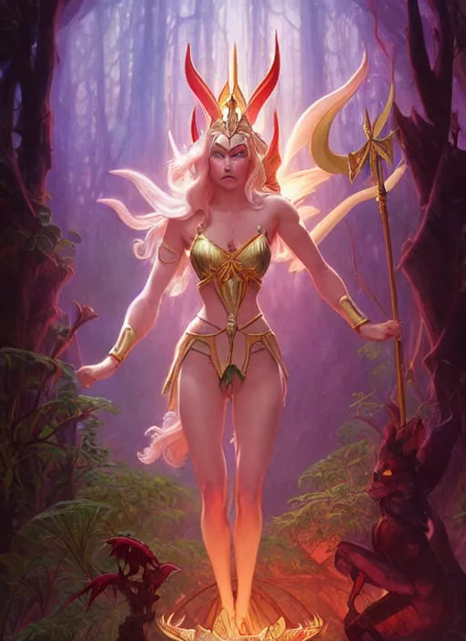 Image similar to she - ra in the enchanted mystical forest, d & d, fantasy, intricate, elegant, highly detailed, digital painting, artstation, concept art, smooth, sharp focus, illustration, art by artgerm and greg rutkowski and alphonse mucha