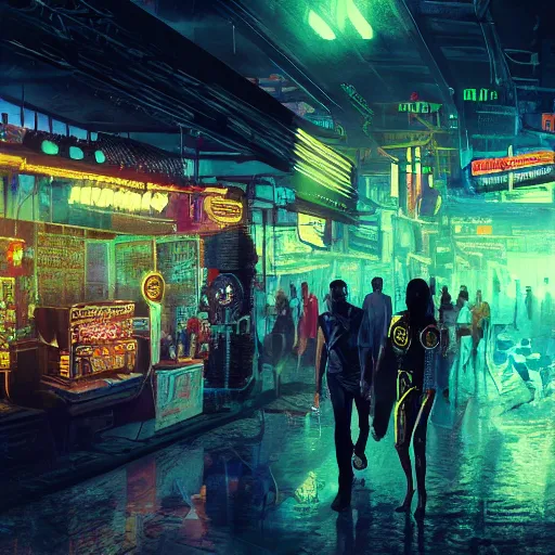 Prompt: cyberpunk black indian market, indoor in the style of blade runner, low neon lights and dim displays, crowded with cyborgs photorealistic, artistic photography, grainy ruined film, dark color scheme, ray tracing, unreal engine, 4 k