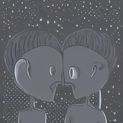 Prompt: two grey aliens kissing