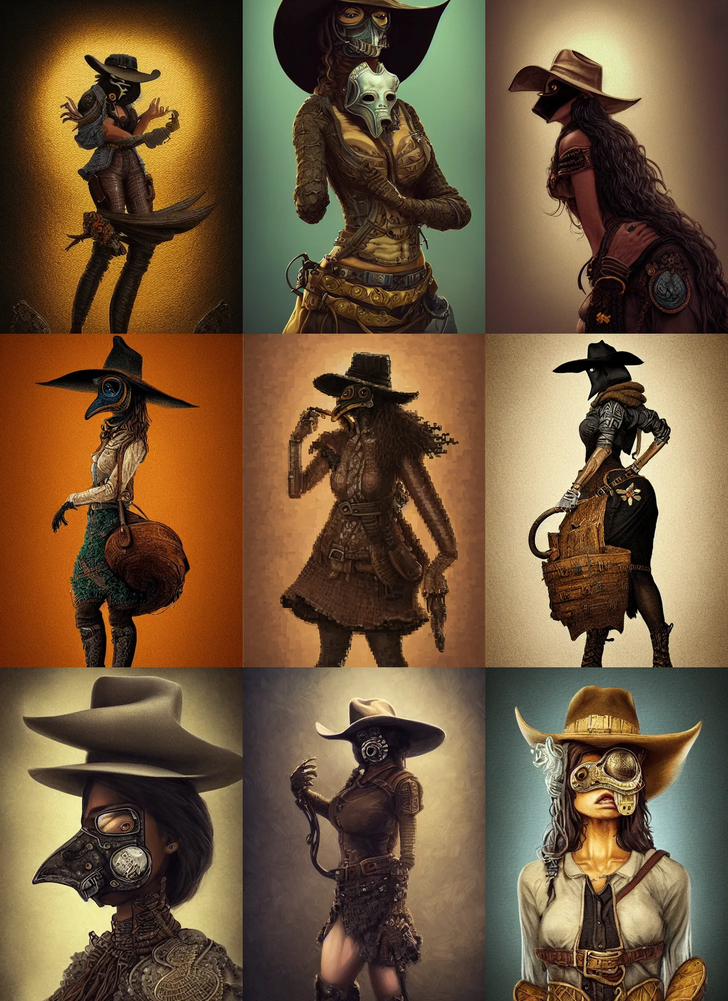 Prompt: detailed full body concept beautiful # pixelart painting of a beautiful cowgirl plague doctor with a beautiful face and dystopian background insanely detailed and intricate octane render golden ratio vfx postprocessing alluring